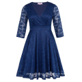 Hanna Nikole Mulheres de três quartos luva V-Neck Navy Lace Plus Size Dress HN0022-3